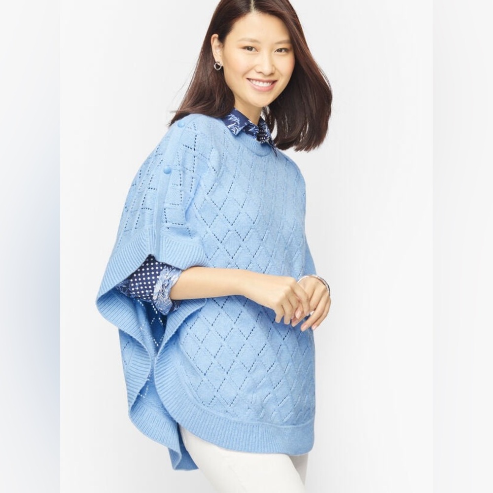 Talbots Pretty & Cozy Pointelle Lattice Round Poncho - Blissful Blue- Size XS